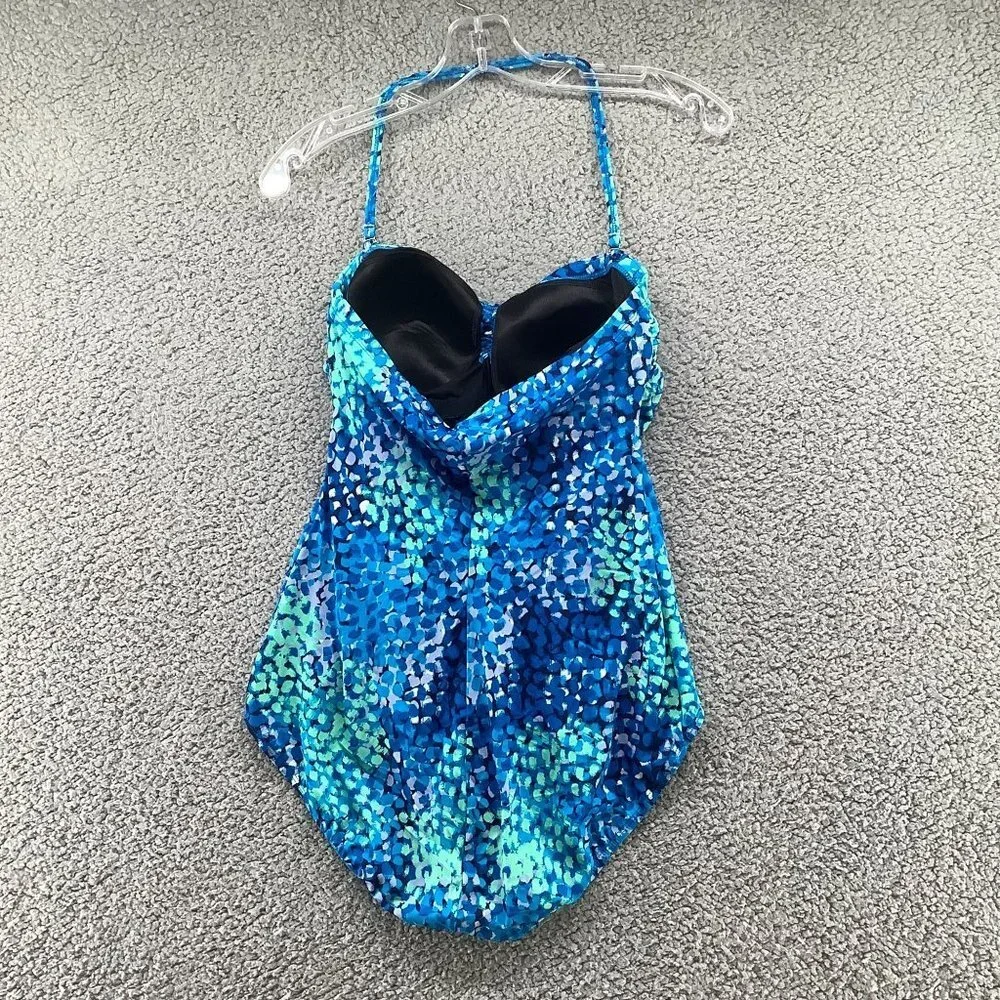 Jantzen One Piece Swimsuit Womens XL Blue Padded Halter Tropical‎ Watercolor